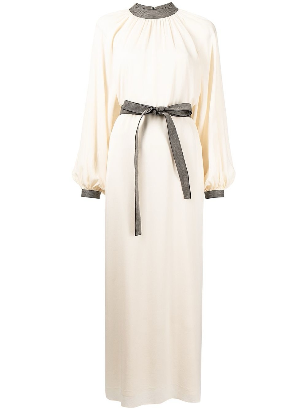 Tory Burch Crepe Caftan Cream Long Sleeve Maxi Dress Gray Trim Belt, size 4 NWT